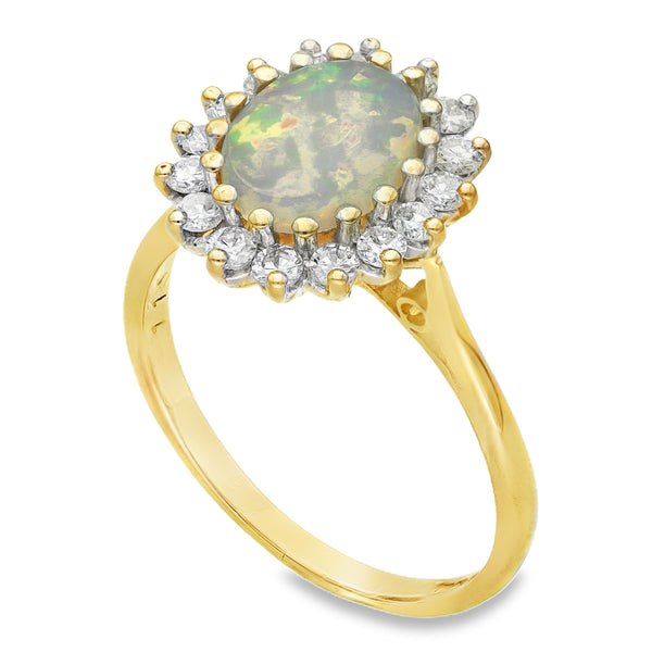 18ct Yellow Gold Oval Opal & Diamond Cluster Ring - 0.50ct