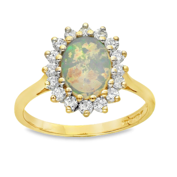 18ct Yellow Gold Oval Opal & Diamond Cluster Ring - 0.50ct