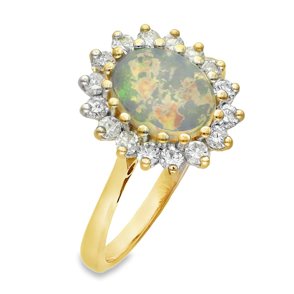 18ct Yellow Gold Oval Opal & Diamond Cluster Ring - 0.50ct