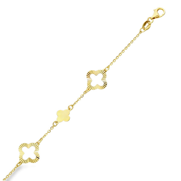 9ct Yellow Gold Five Clover Trace Bracelet - 6.5-7.5" - 1.5g
