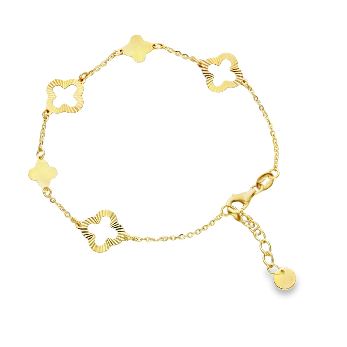 9ct Yellow Gold Five Clover Trace Bracelet - 6.5-7.5" - 1.5g