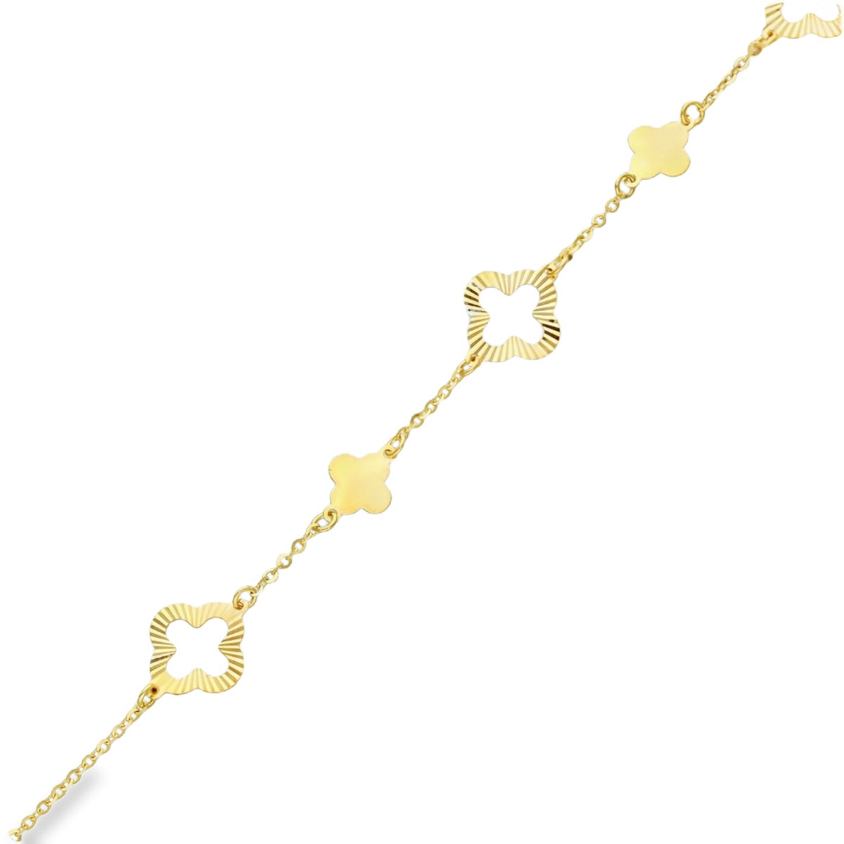 9ct Yellow Gold Five Clover Trace Bracelet - 6.5-7.5" - 1.5g