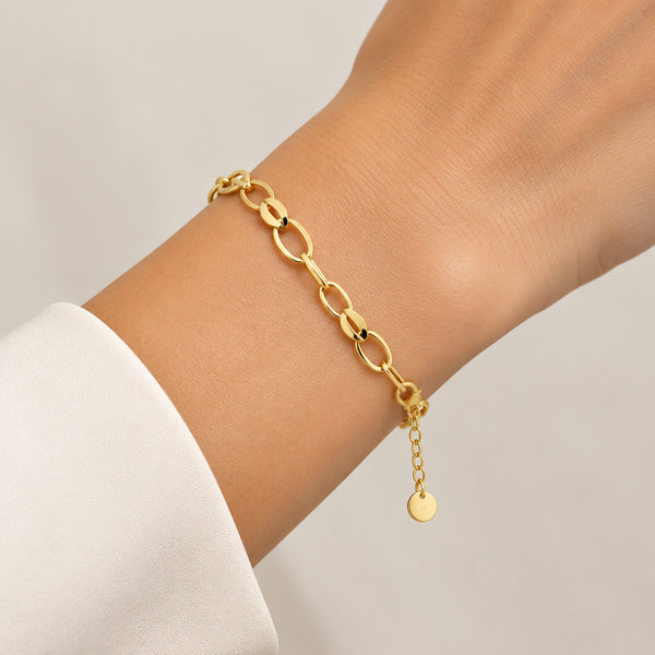 9ct Yellow Gold Hollow Oval Figaro Bracelet - 6.5-7.5" - 2.3g