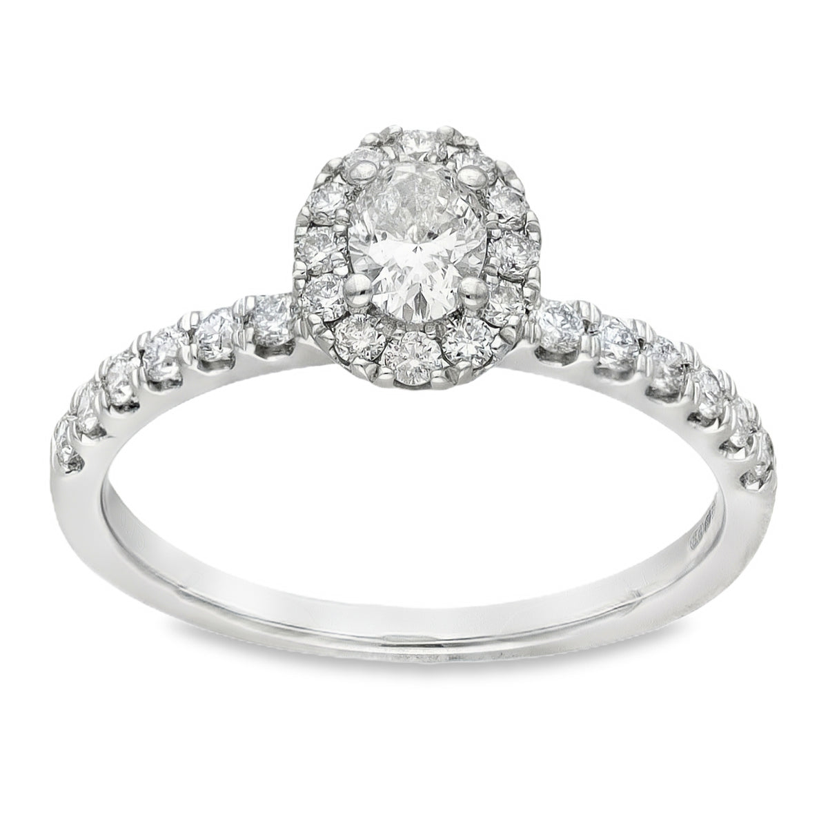 18ct White Gold Oval Halo Diamond Ring - Size O - 0.75ct
