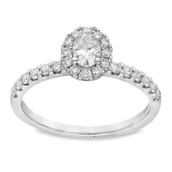 18ct White Gold Oval Halo Diamond Ring - Size O - 0.75ct