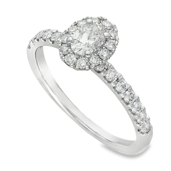 18ct White Gold Oval Halo Diamond Ring - Size O - 0.75ct
