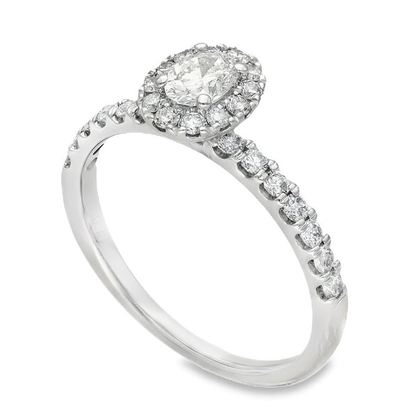 18ct White Gold Oval Halo Diamond Ring - Size O - 0.75ct