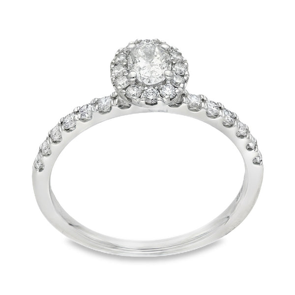 18ct White Gold Oval Halo Diamond Ring - Size O - 0.75ct
