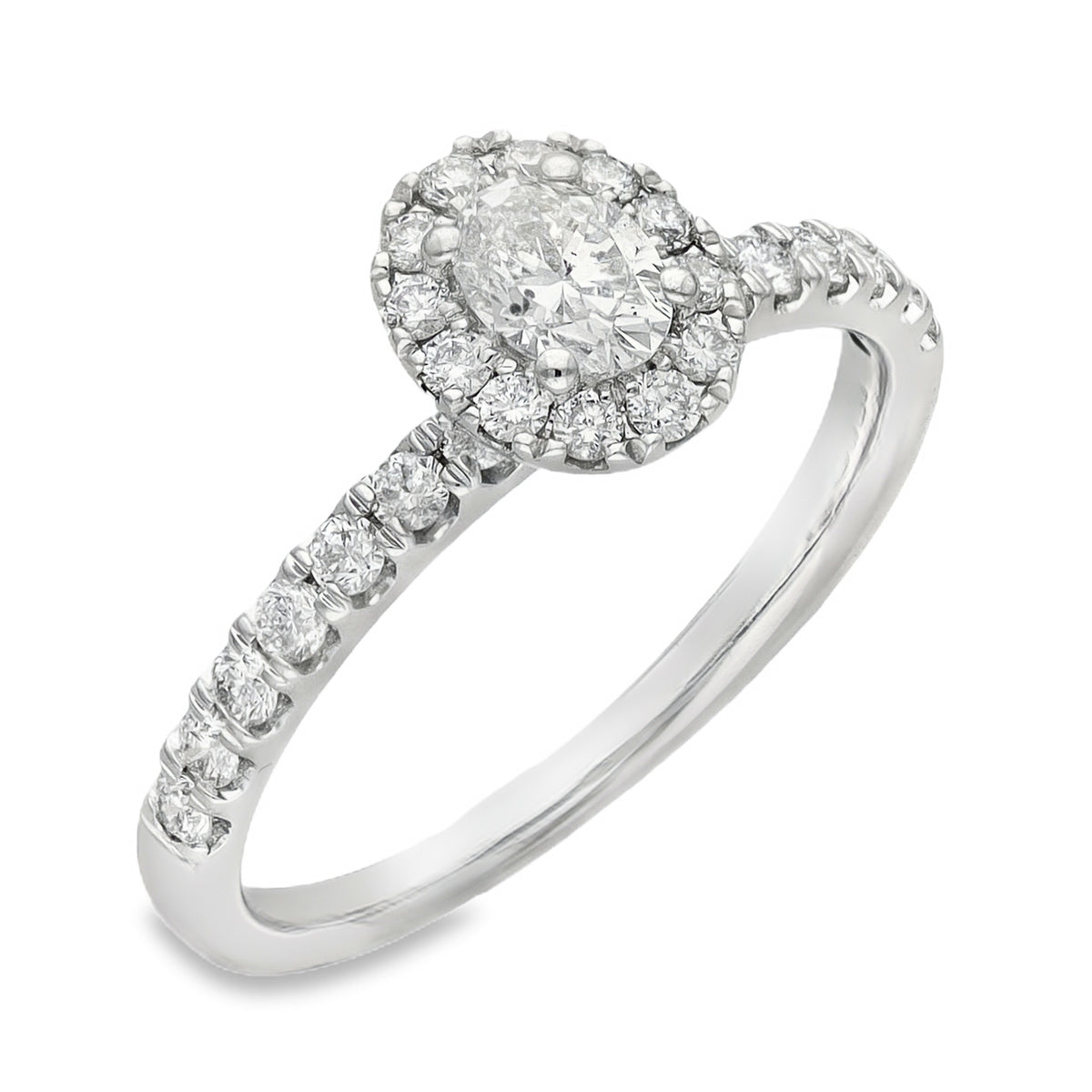 18ct White Gold Oval Halo Diamond Ring - Size O - 0.75ct