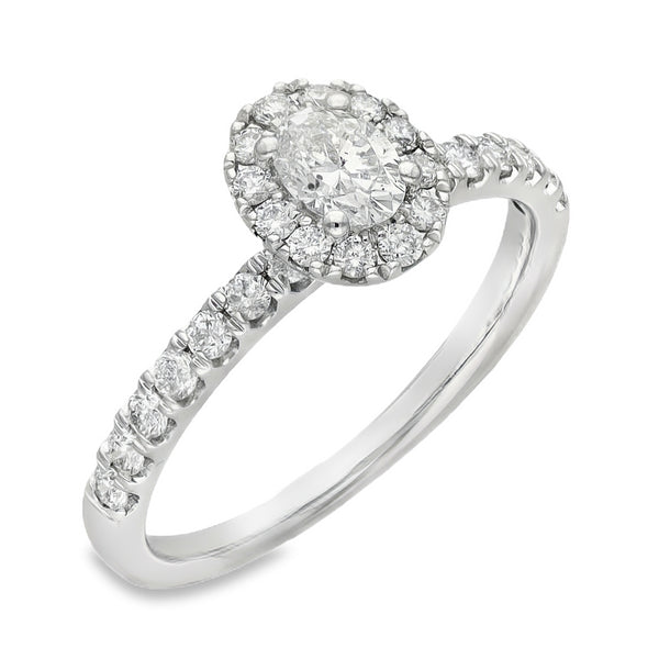 18ct White Gold Oval Halo Diamond Ring - Size O - 0.75ct