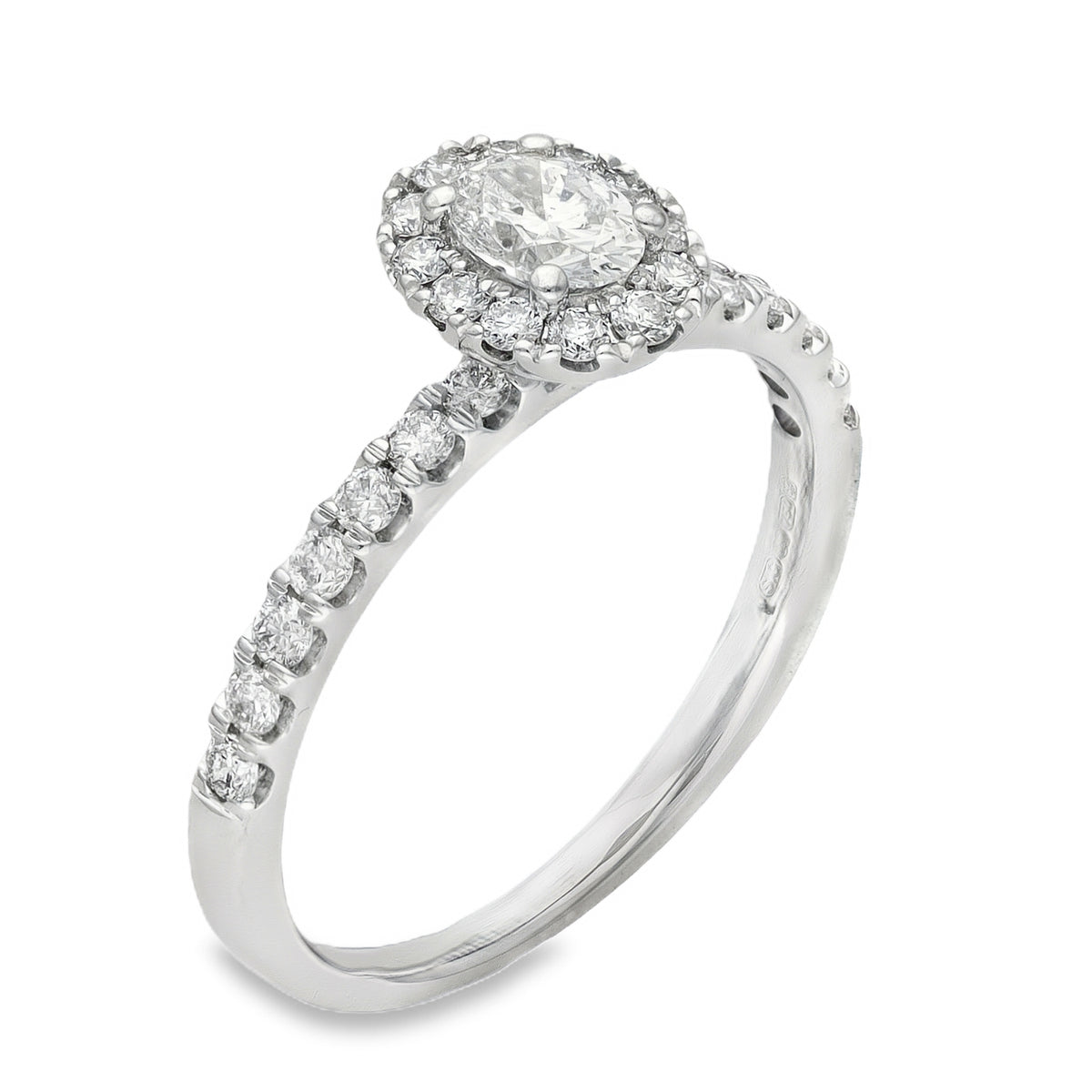 18ct White Gold Oval Halo Diamond Ring - Size O - 0.75ct