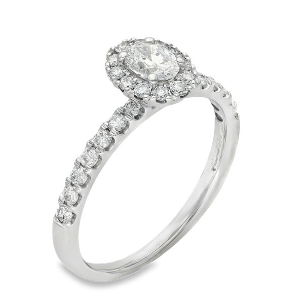 18ct White Gold Oval Halo Diamond Ring - Size O - 0.75ct