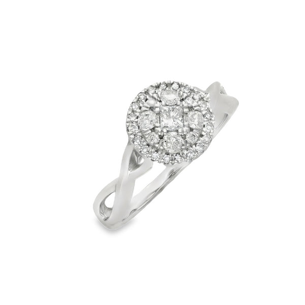 9ct White Gold Diamond Halo Cluster Ring - Size N - 0.53ct