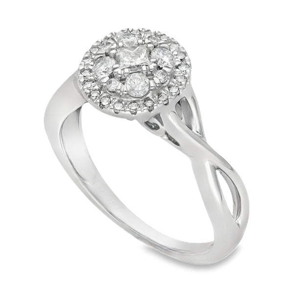 9ct White Gold Diamond Halo Cluster Ring - Size N - 0.53ct