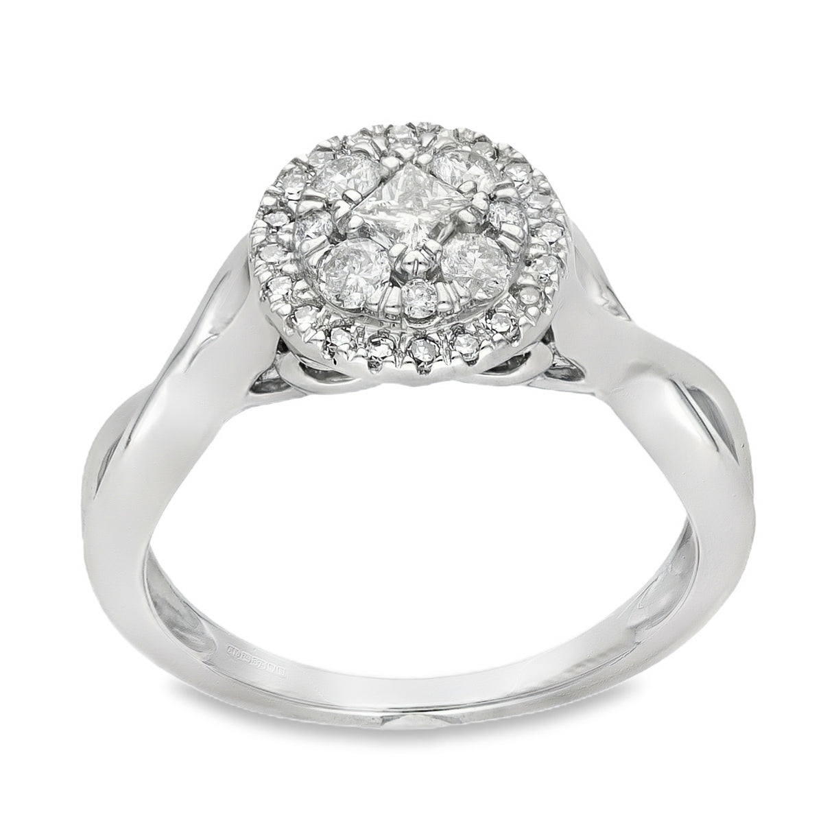 9ct White Gold Diamond Halo Cluster Ring - Size N - 0.53ct