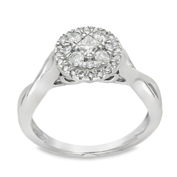 9ct White Gold Diamond Halo Cluster Ring - Size N - 0.53ct