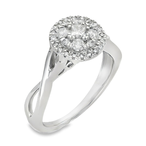 9ct White Gold Diamond Halo Cluster Ring - Size N - 0.53ct
