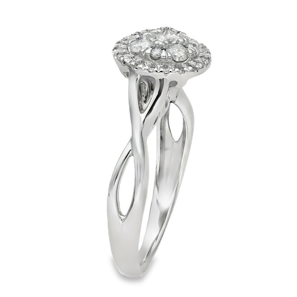 9ct White Gold Diamond Halo Cluster Ring - Size N - 0.53ct