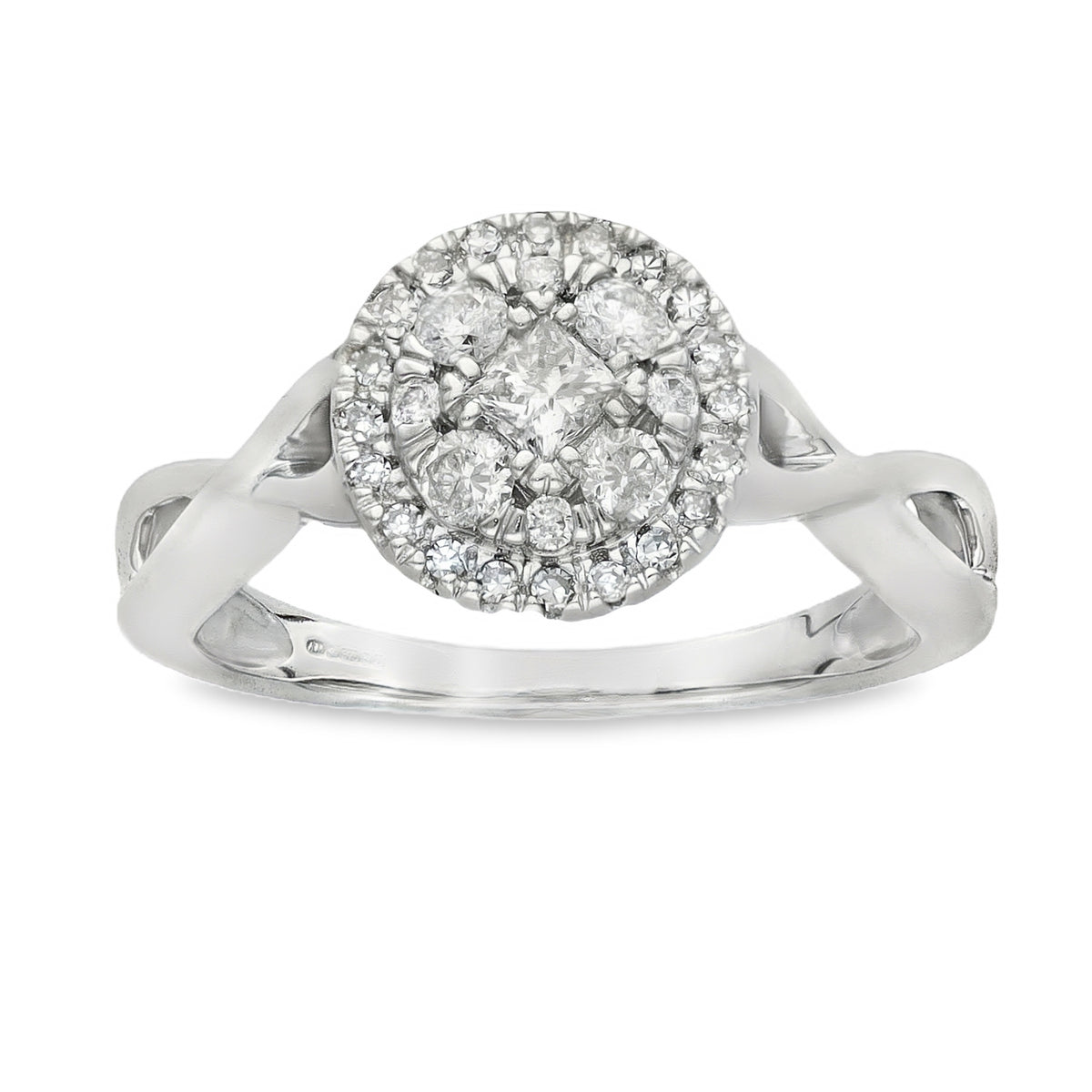 9ct White Gold Diamond Halo Cluster Ring - Size N - 0.53ct
