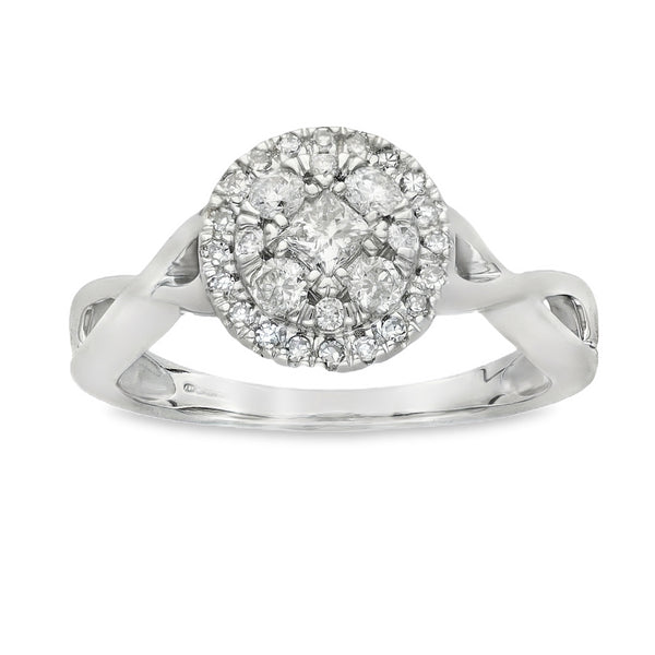 9ct White Gold Diamond Halo Cluster Ring - Size N - 0.53ct