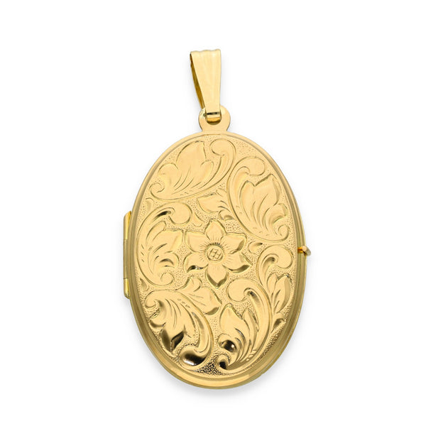 9ct Yellow Gold Oval Flower & Leaf Locket - 24x37x7mm - 4.3g