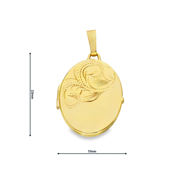 9ct Yellow Gold Engraved Oval Locket - 17x23x3mm - 3.1g