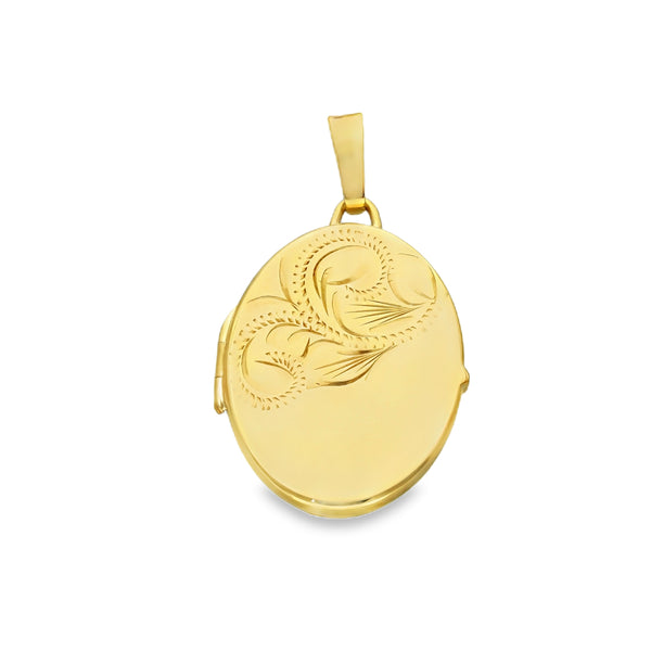9ct Yellow Gold Engraved Oval Locket - 17x23x3mm - 3.1g