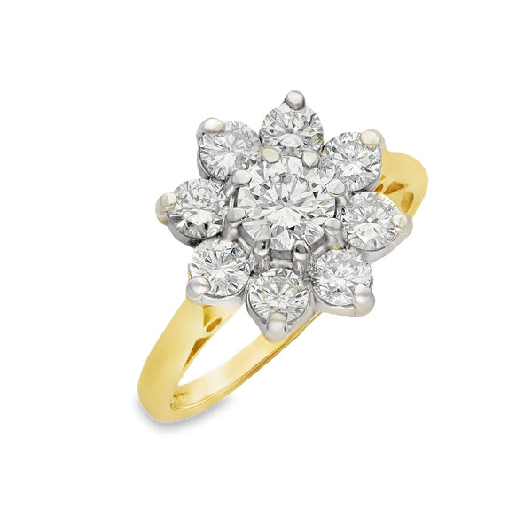 18ct Yellow Gold Diamond Cluster Ring - Size K - 1.30ct