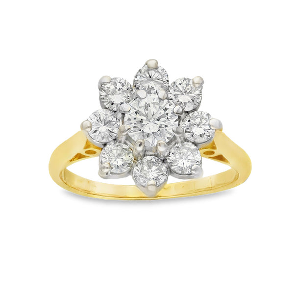 18ct Yellow Gold Diamond Cluster Ring - Size K - 1.30ct