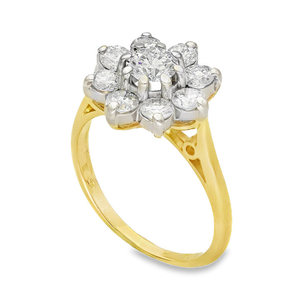 18ct Yellow Gold Diamond Cluster Ring - Size K - 1.30ct