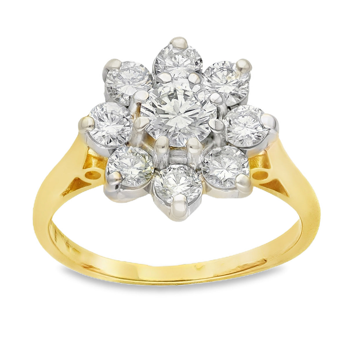 18ct Yellow Gold Diamond Cluster Ring - Size K - 1.30ct