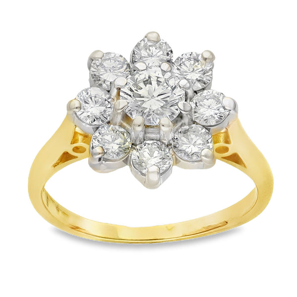 18ct Yellow Gold Diamond Cluster Ring - Size K - 1.30ct