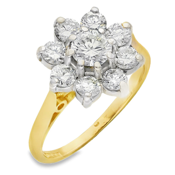 18ct Yellow Gold Diamond Cluster Ring - Size K - 1.30ct