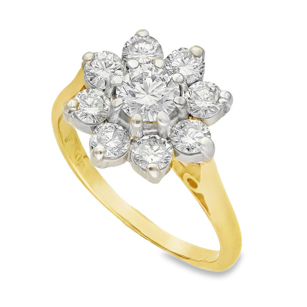 18ct Yellow Gold Diamond Cluster Ring - Size K - 1.30ct