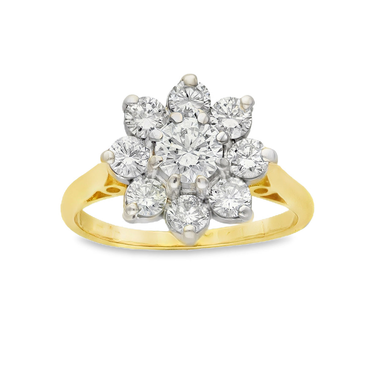 18ct Yellow Gold Diamond Cluster Ring - Size K - 1.30ct