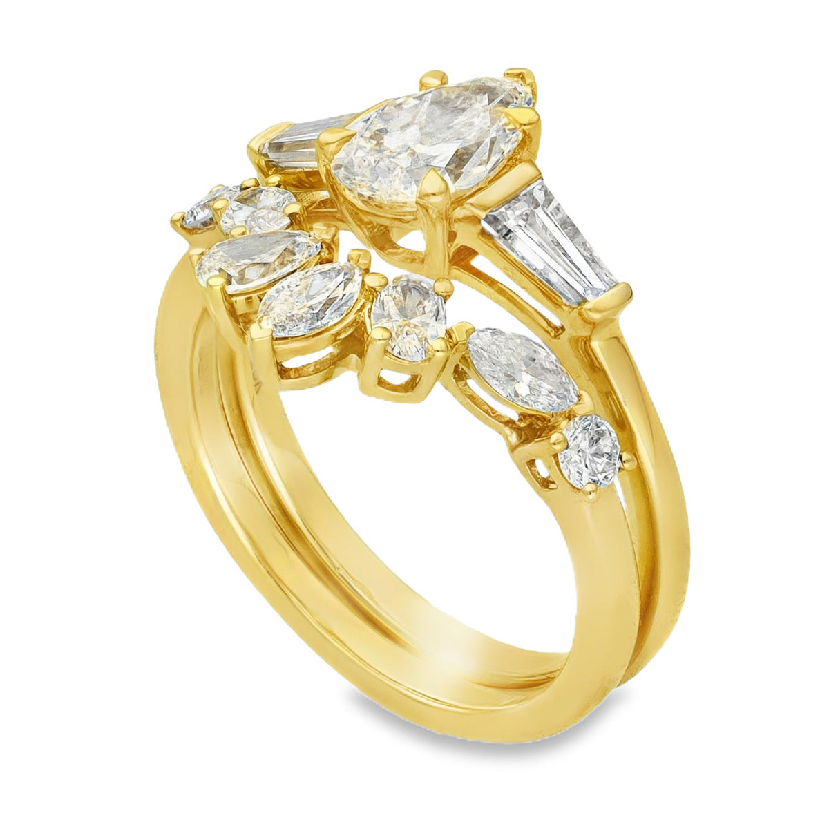 Lab Grown 2.29ct Yellow Gold Certified Diamond Engagement & Wishbone Ring Set - D-F/VVS-VS