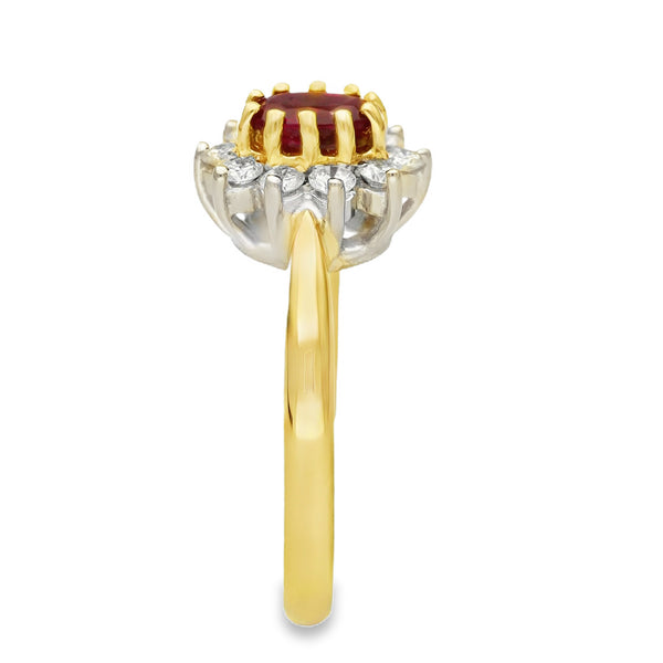 18ct Yellow Gold Ruby & Diamond Cluster Ring - Size L