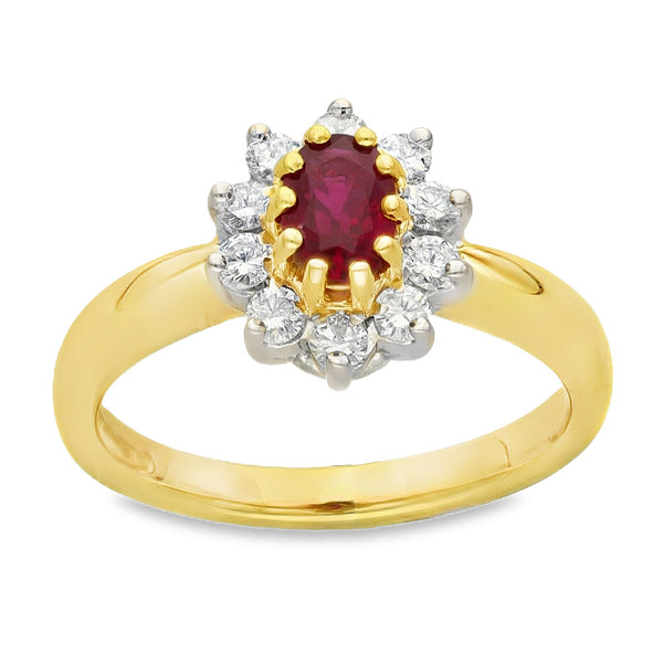 18ct Yellow Gold Ruby & Diamond Cluster Ring - Size L
