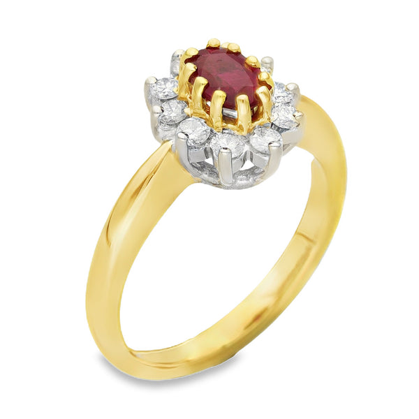 18ct Yellow Gold Ruby & Diamond Cluster Ring - Size L