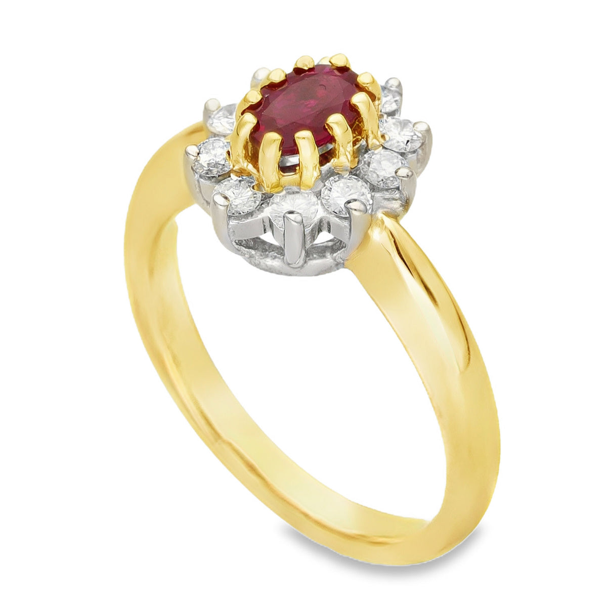 18ct Yellow Gold Ruby & Diamond Cluster Ring - Size L