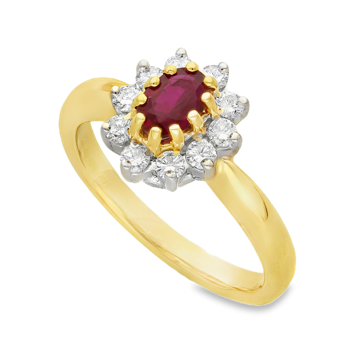 18ct Yellow Gold Ruby & Diamond Cluster Ring - Size L