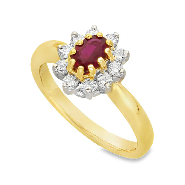 18ct Yellow Gold Ruby & Diamond Cluster Ring - Size L