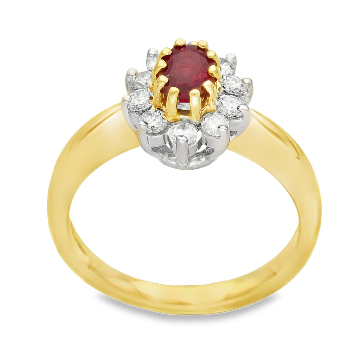 18ct Yellow Gold Ruby & Diamond Cluster Ring - Size L