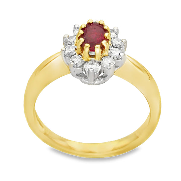 18ct Yellow Gold Ruby & Diamond Cluster Ring - Size L