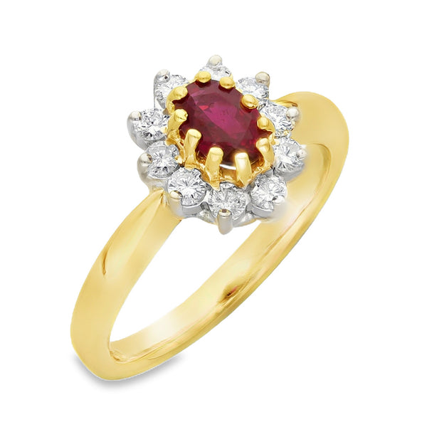 18ct Yellow Gold Ruby & Diamond Cluster Ring - Size L