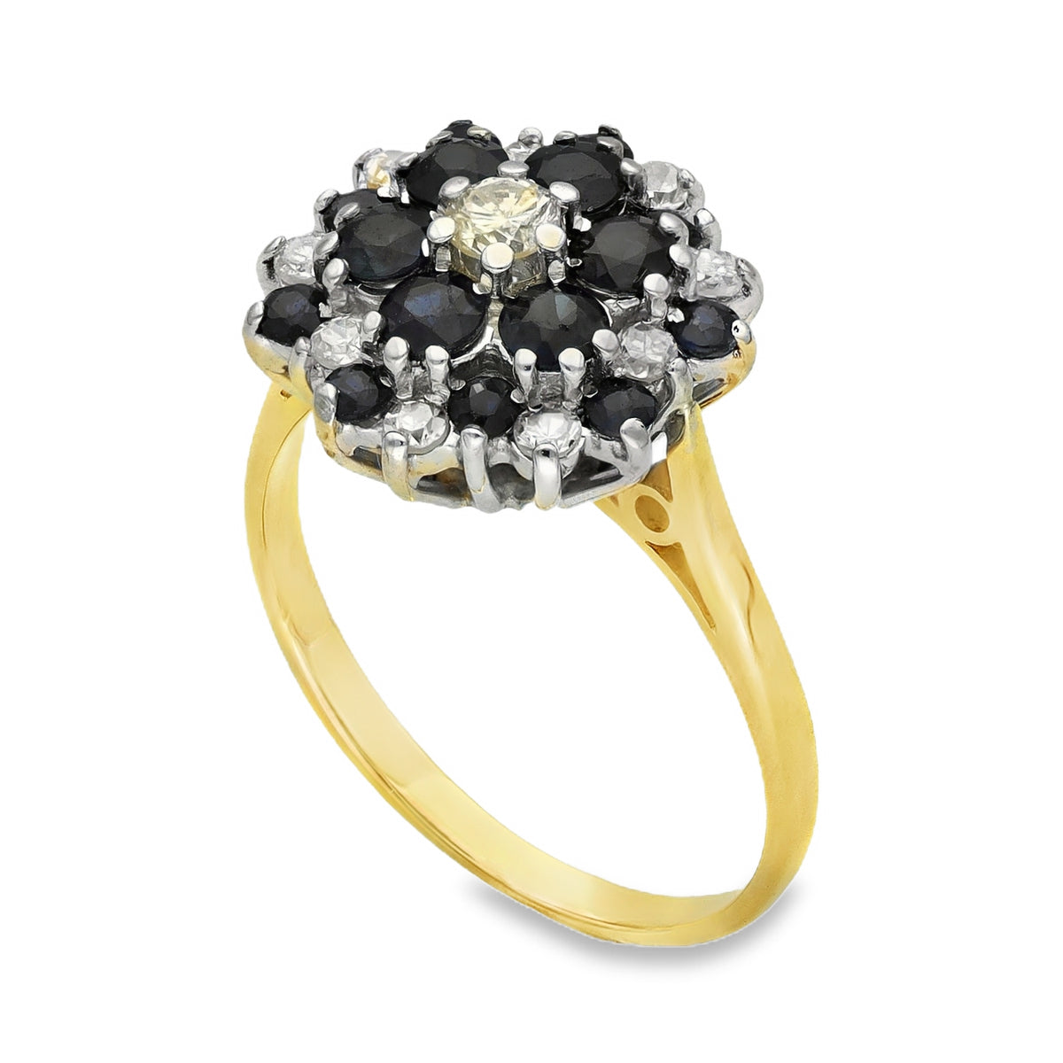 18ct Yellow Gold Sapphire & Diamond Halo Ring - Size M½ - 0.28ct