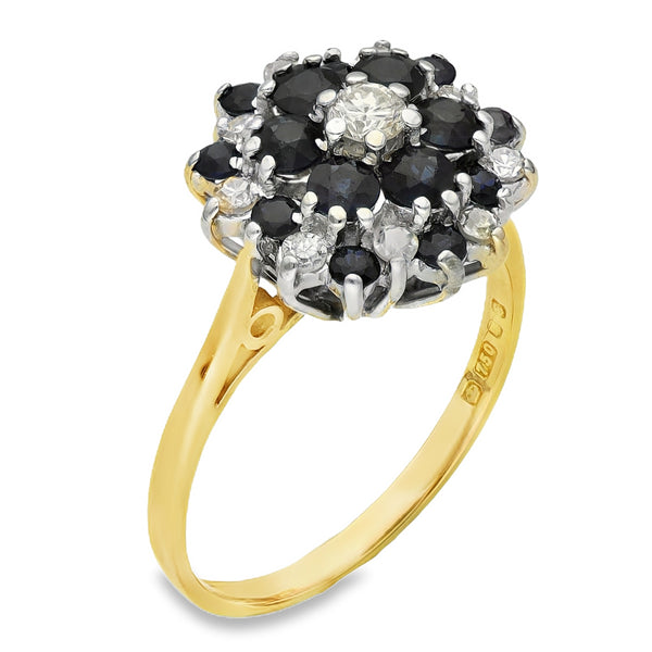 18ct Yellow Gold Sapphire & Diamond Halo Ring - Size M½ - 0.28ct