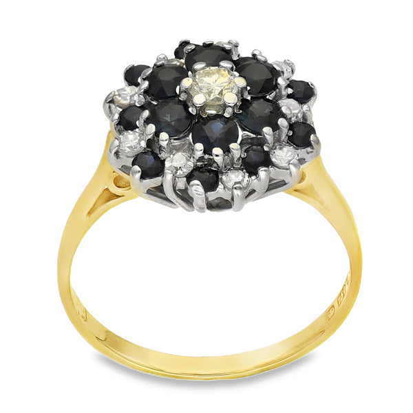 18ct Yellow Gold Sapphire & Diamond Halo Ring - Size M½ - 0.28ct