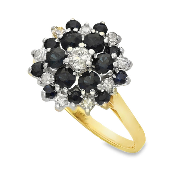 18ct Yellow Gold Sapphire & Diamond Halo Ring - Size M½ - 0.28ct