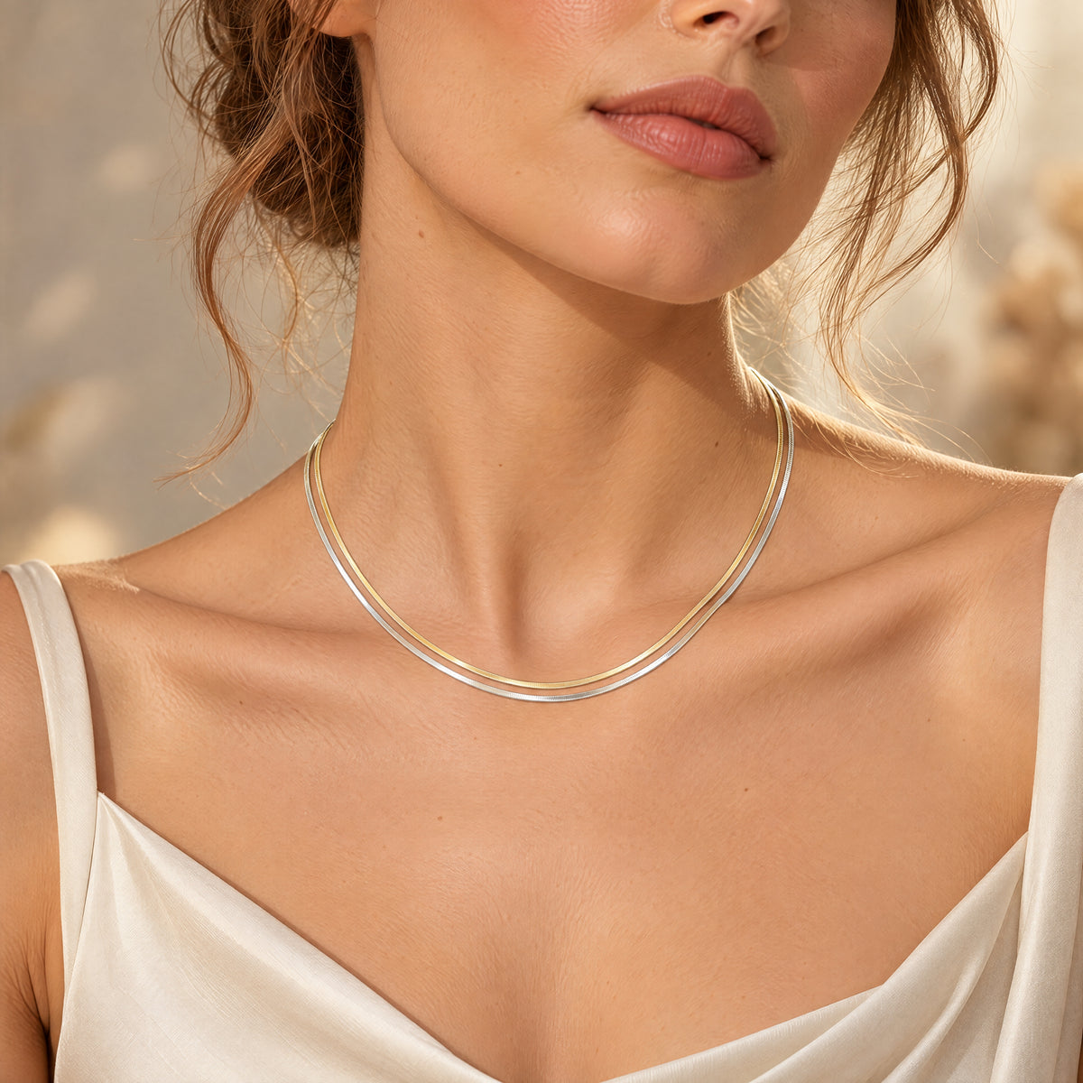 9ct Yellow & White Gold Double Strand Necklet - 17" - 16.1g